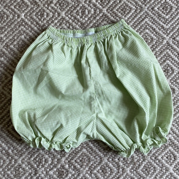 Bow Peep smocked pale green dress with light pink detail and matching bloomers - Picture 4 of 4